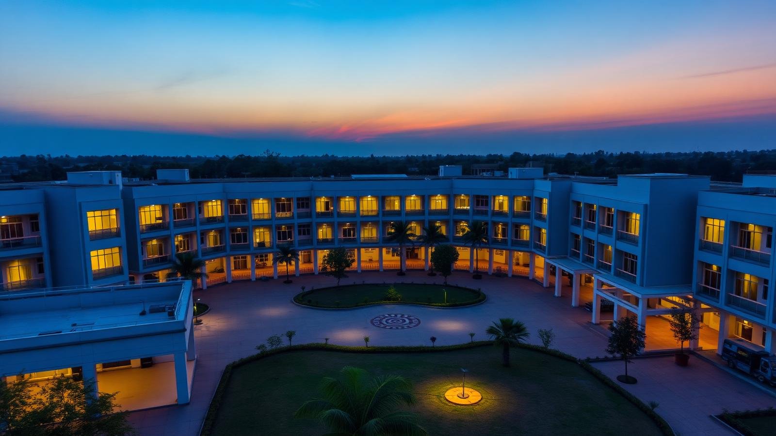 Modern school campus at dusk